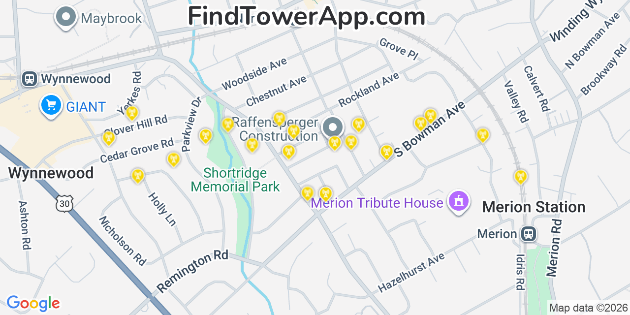 Map showing the 20 primary cell tower locations detected in Narberth, Pennsylvania from AT&T, Verizon, and T-Mobile networks