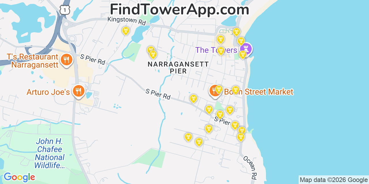 Map showing the 20 primary cell tower locations detected in Narragansett Pier, Rhode Island from AT&T, Verizon, and T-Mobile networks
