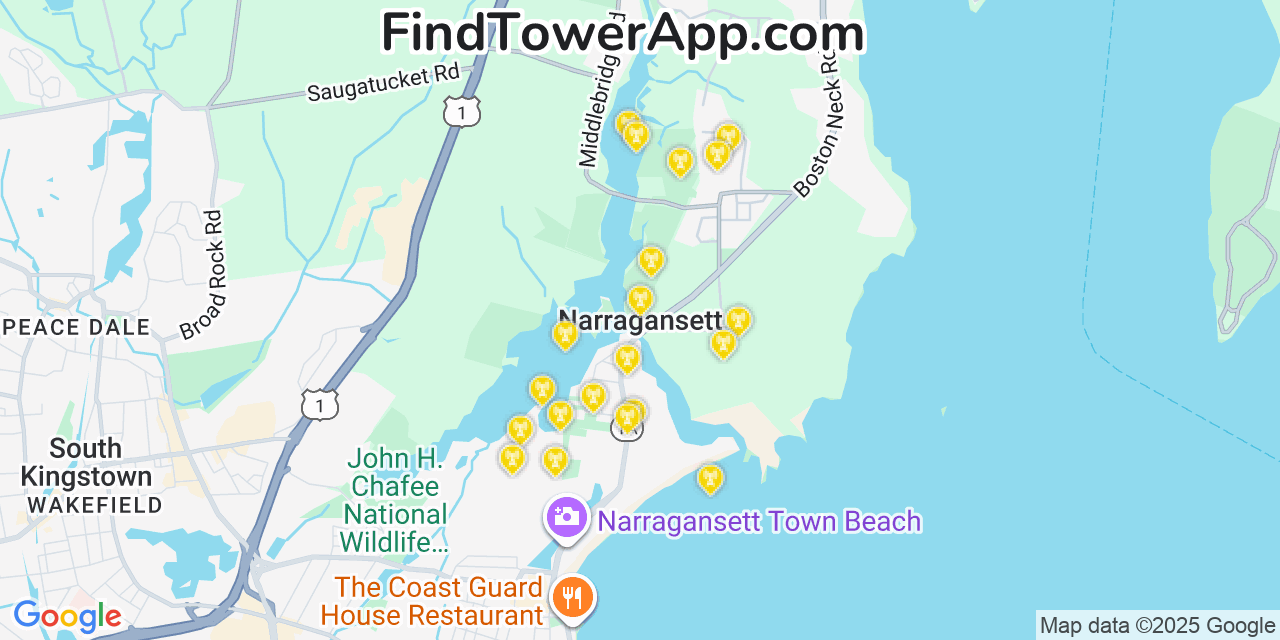Map showing the 20 primary cell tower locations detected in Narragansett, Rhode Island from AT&T, Verizon, and T-Mobile networks