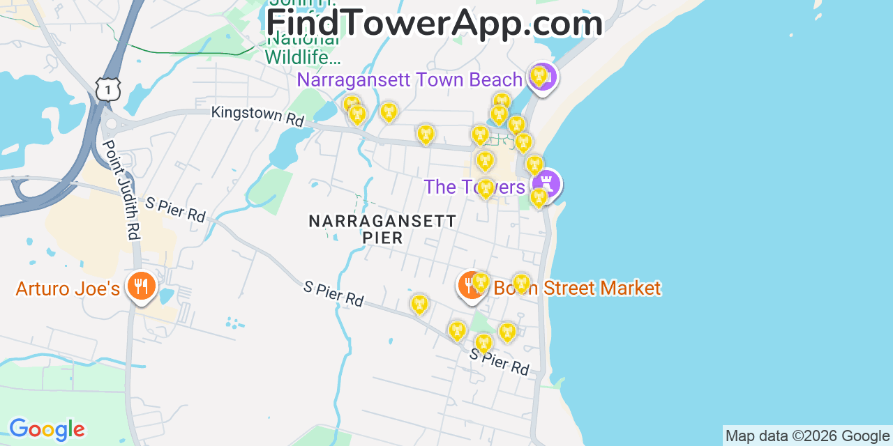 Map showing the 20 primary cell tower locations detected in Narragansett, Rhode Island from AT&T, Verizon, and T-Mobile networks
