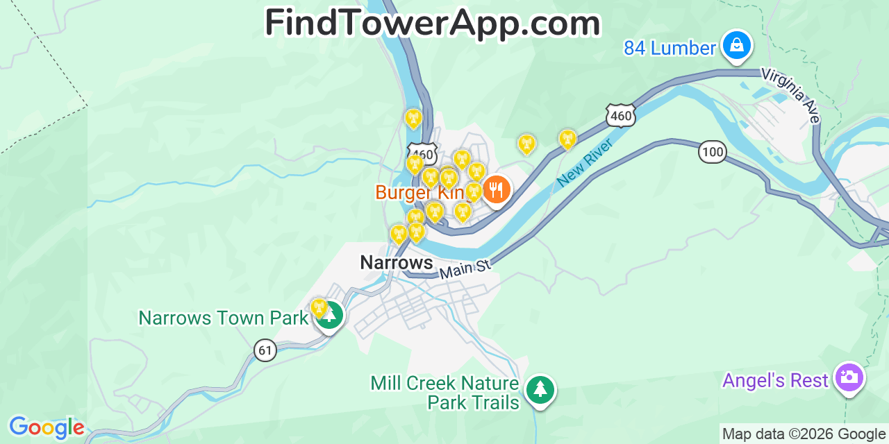 Map showing the 20 primary cell tower locations detected in Narrows, Virginia from AT&T, Verizon, and T-Mobile networks