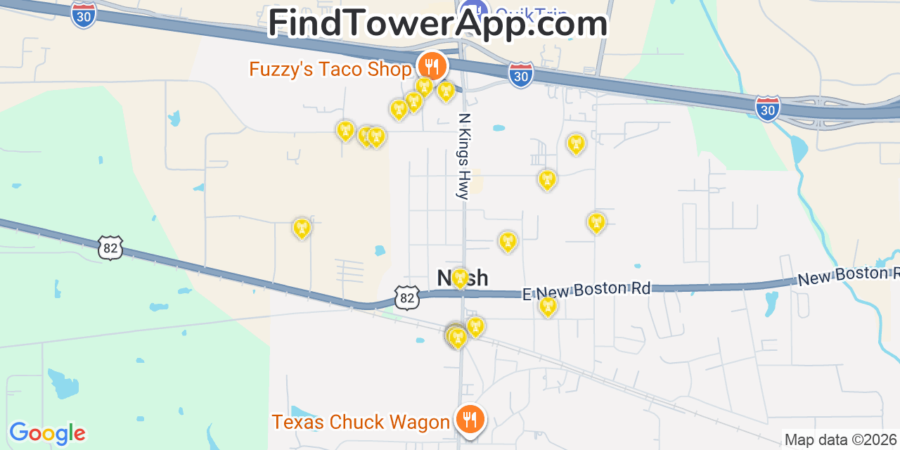 Map showing the 20 primary cell tower locations detected in Nash, Texas from AT&T, Verizon, and T-Mobile networks