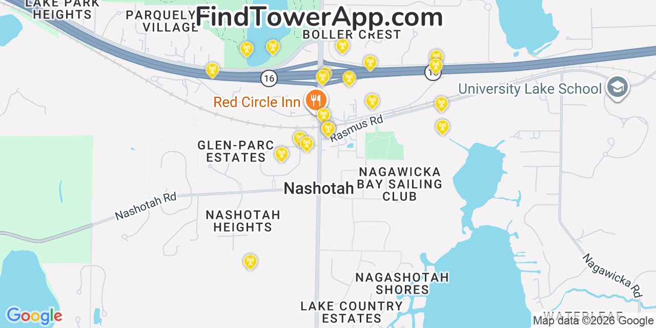 Map showing the 20 primary cell tower locations detected in Nashotah, Wisconsin from AT&T, Verizon, and T-Mobile networks