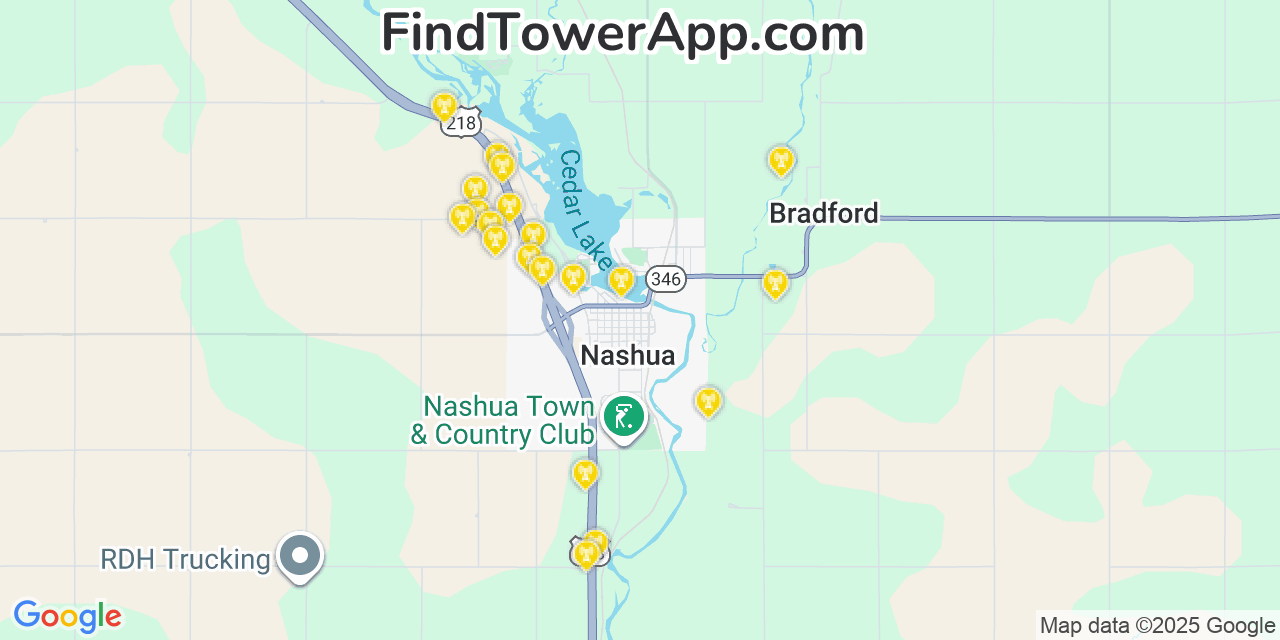 Map showing the 20 primary cell tower locations detected in Nashua, Iowa from AT&T, Verizon, and T-Mobile networks