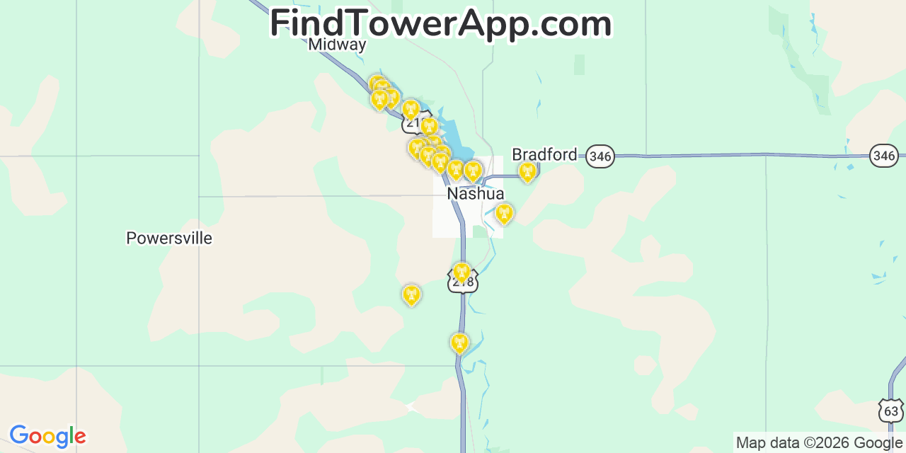 Map showing the 20 primary cell tower locations detected in Nashua, Iowa from AT&T, Verizon, and T-Mobile networks