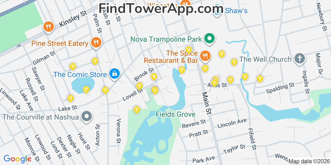 Map showing the 20 primary cell tower locations detected in Nashua, New Hampshire from AT&T, Verizon, and T-Mobile networks