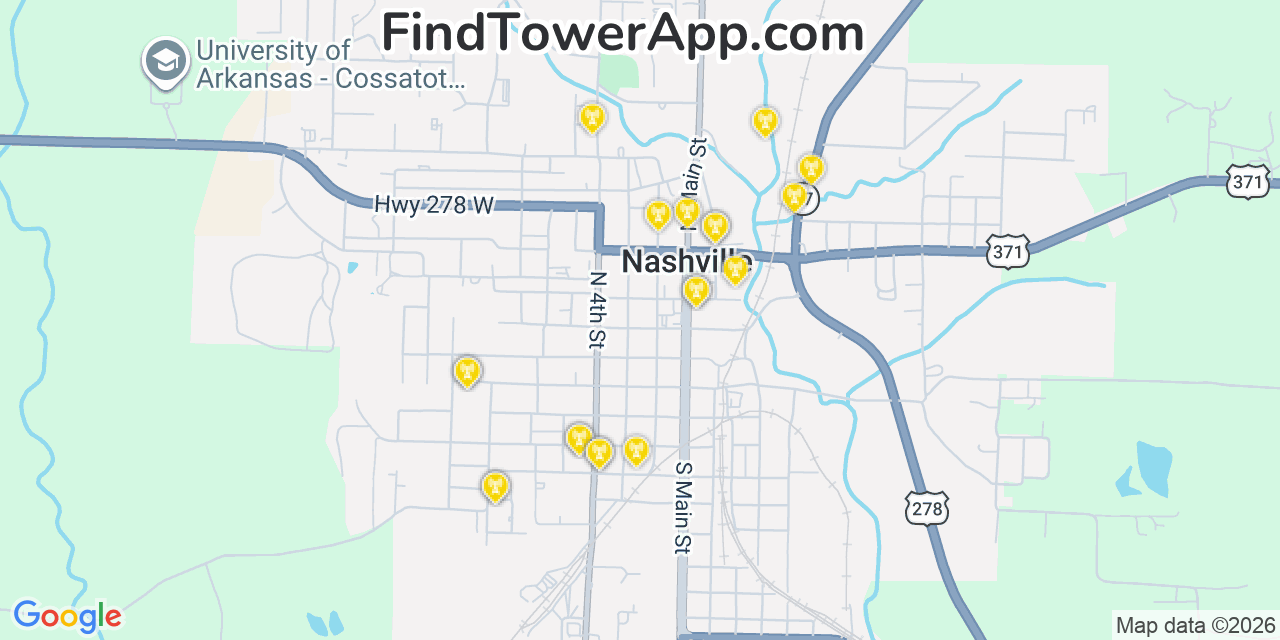 Map showing the 20 primary cell tower locations detected in Nashville, Arkansas from AT&T, Verizon, and T-Mobile networks