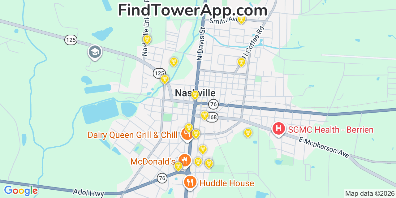 Map showing the 20 primary cell tower locations detected in Nashville, Georgia from AT&T, Verizon, and T-Mobile networks