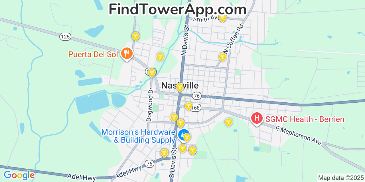 Map showing the 20 primary Mobitel cell tower locations detected in Nashville, Georgia with coverage radius and signal strength indicators