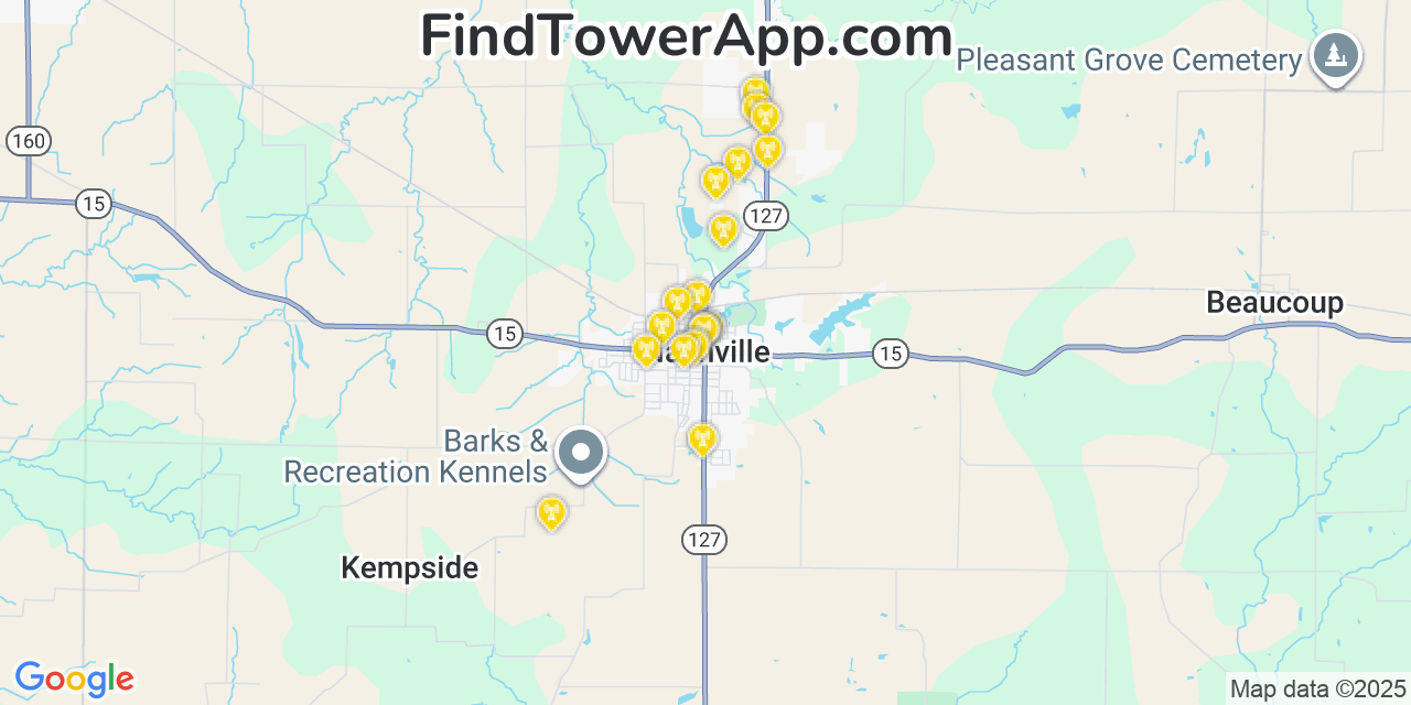Map showing the 20 primary cell tower locations detected in Nashville, Illinois from AT&T, Verizon, and T-Mobile networks