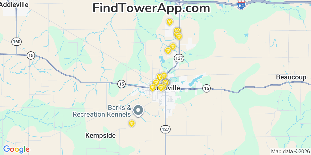 Map showing the 20 primary cell tower locations detected in Nashville, Illinois from AT&T, Verizon, and T-Mobile networks
