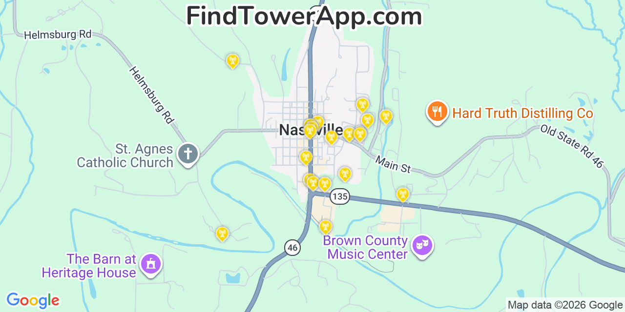 Map showing the 20 primary cell tower locations detected in Nashville, Indiana from AT&T, Verizon, and T-Mobile networks