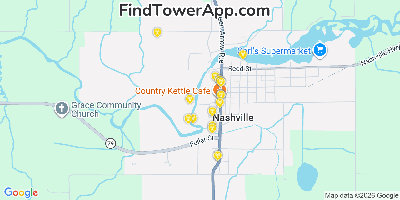 Map showing the 20 primary cell tower locations detected in Nashville, Michigan from AT&T, Verizon, and T-Mobile networks