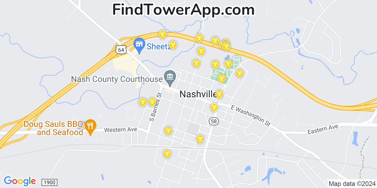 AT&T 4G/5G cell tower coverage map Nashville, North Carolina