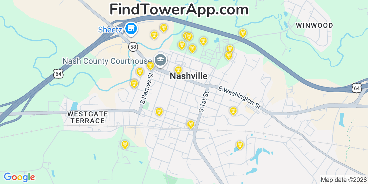 Map showing the 20 primary cell tower locations detected in Nashville, North Carolina from AT&T, Verizon, and T-Mobile networks