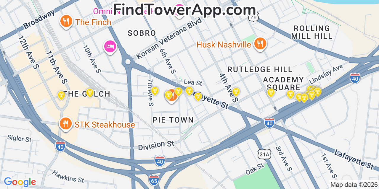 Map showing the 20 primary cell tower locations detected in Nashville, Tennessee from AT&T, Verizon, and T-Mobile networks