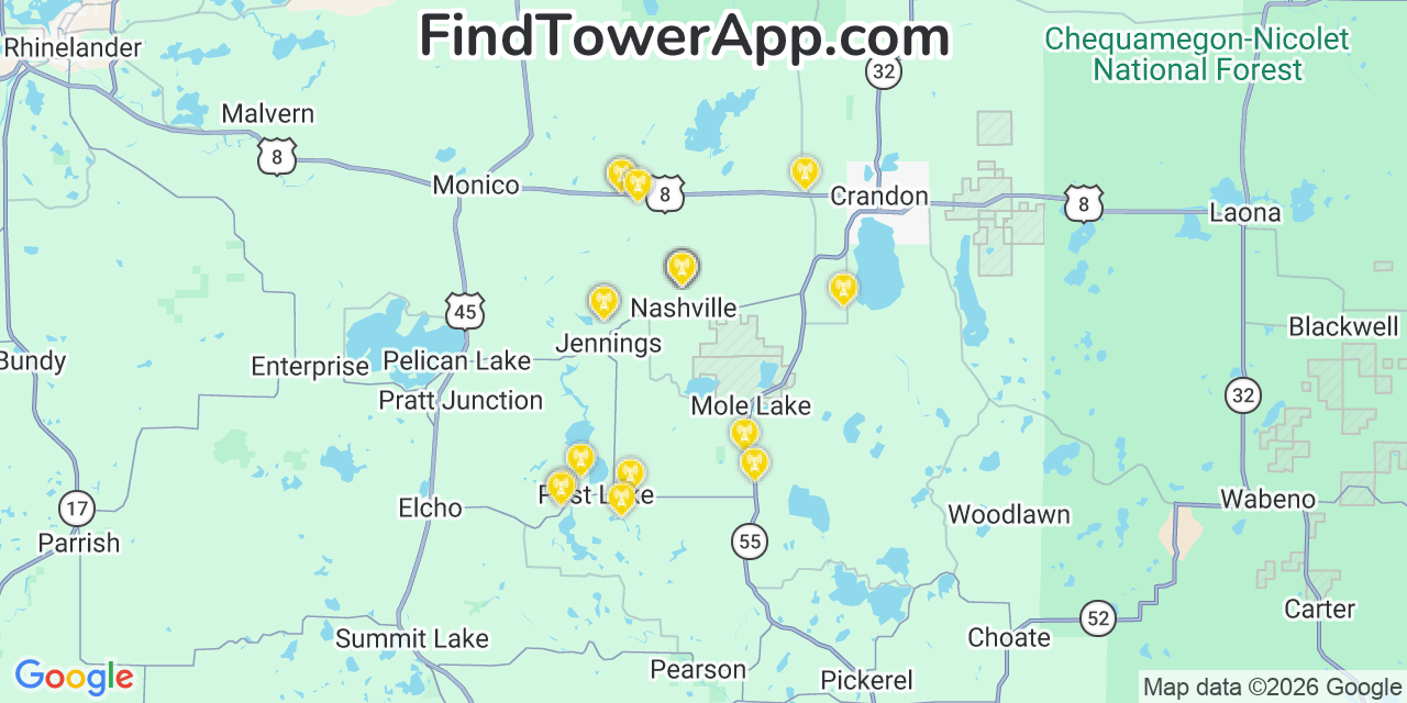 Map showing the 20 primary cell tower locations detected in Nashville, Wisconsin from AT&T, Verizon, and T-Mobile networks