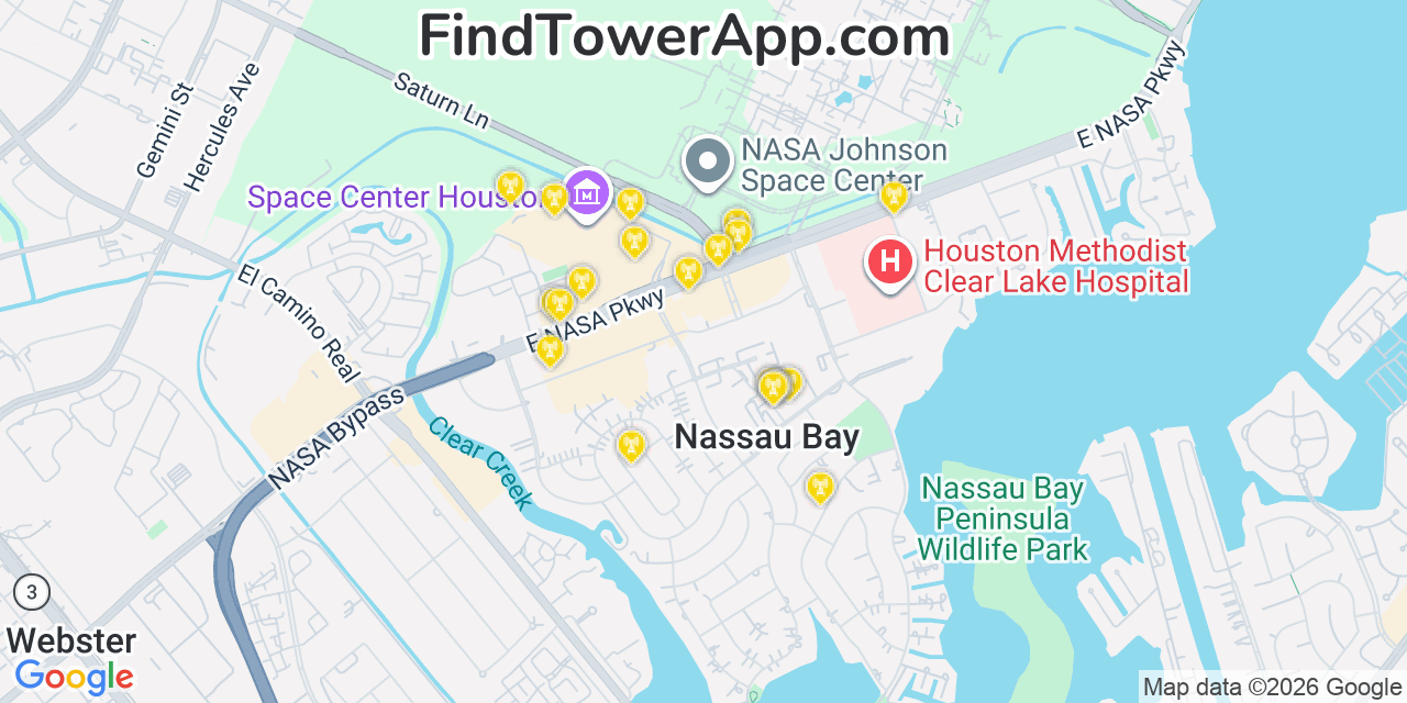 Map showing the 20 primary cell tower locations detected in Nassau Bay, Texas from AT&T, Verizon, and T-Mobile networks