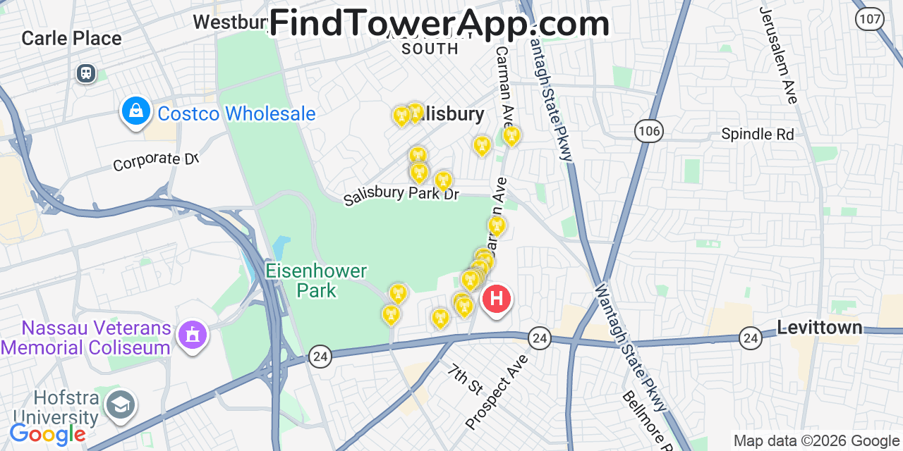 Map showing the 20 primary cell tower locations detected in Nassau, New York from AT&T, Verizon, and T-Mobile networks