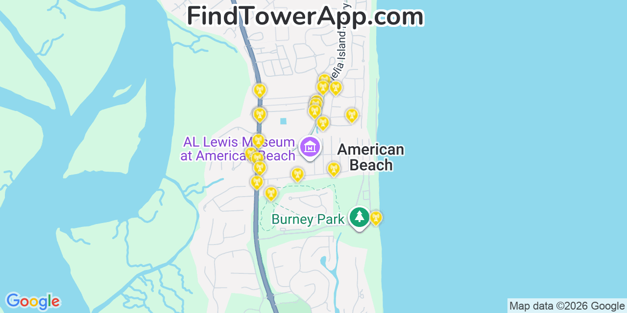 Map showing the 20 primary cell tower locations detected in Nassau Village Ratliff, Florida from AT&T, Verizon, and T-Mobile networks
