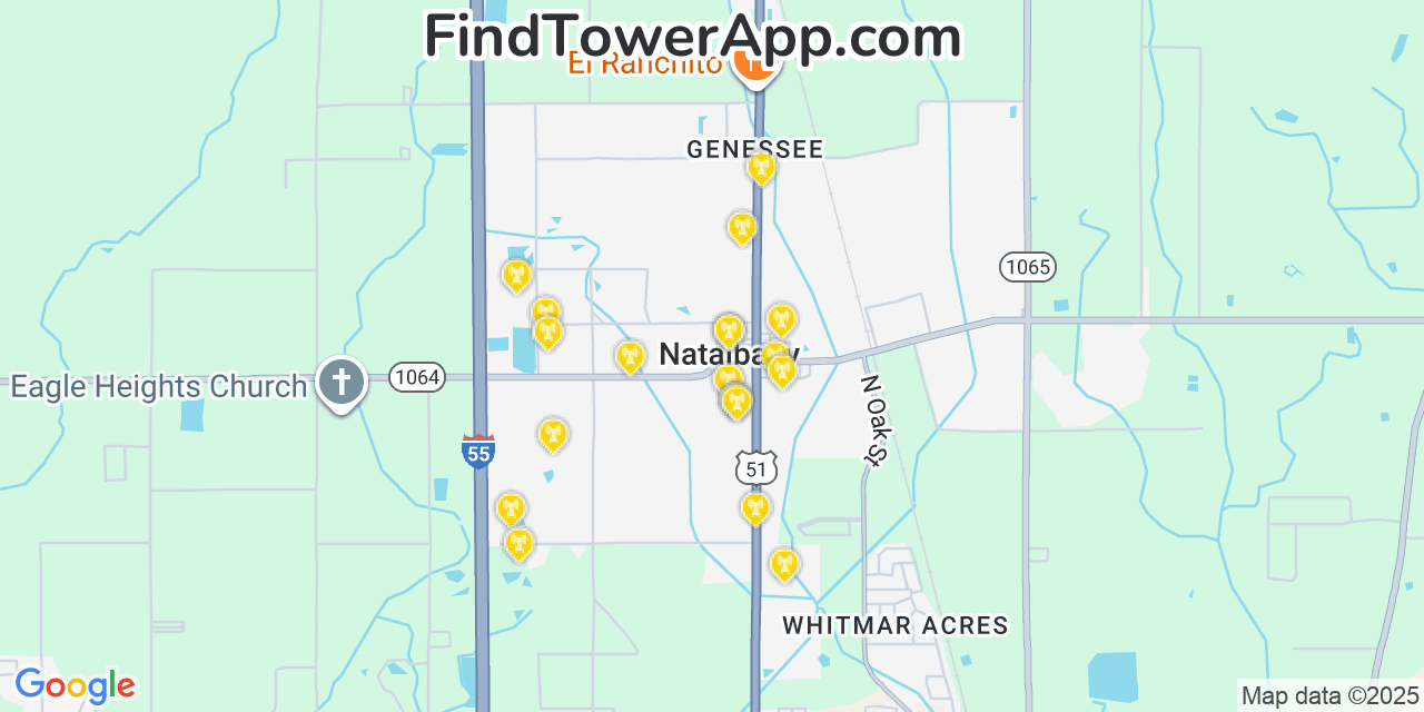 Map showing the 20 primary cell tower locations detected in Natalbany, Louisiana from AT&T, Verizon, and T-Mobile networks