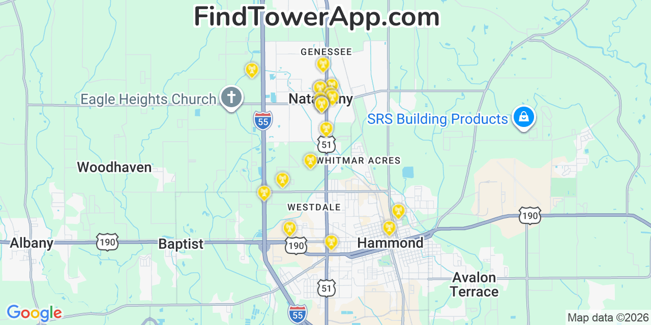 Map showing the 20 primary cell tower locations detected in Natalbany, Louisiana from AT&T, Verizon, and T-Mobile networks