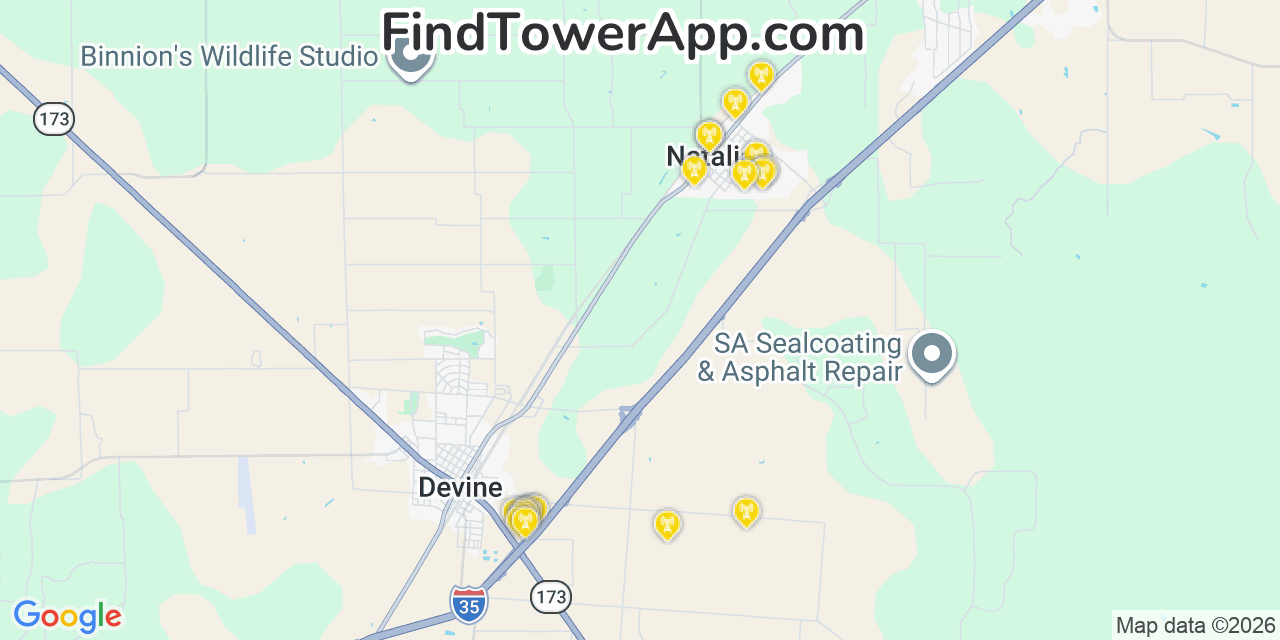 Map showing the 20 primary cell tower locations detected in Natalia, Texas from AT&T, Verizon, and T-Mobile networks