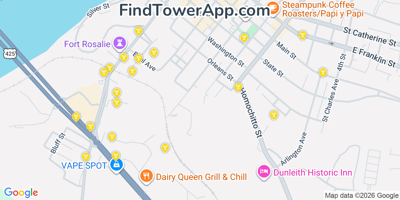 Map showing the 20 primary cell tower locations detected in Natchez, Mississippi from AT&T, Verizon, and T-Mobile networks