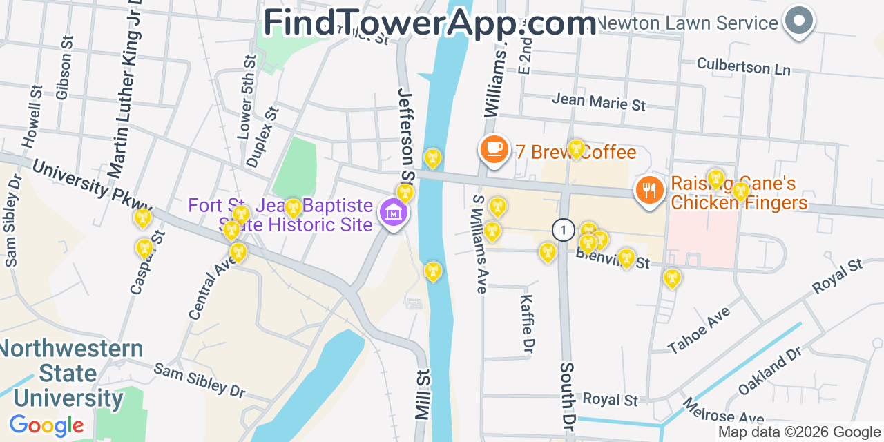 Map showing the 20 primary cell tower locations detected in Natchitoches, Louisiana from AT&T, Verizon, and T-Mobile networks