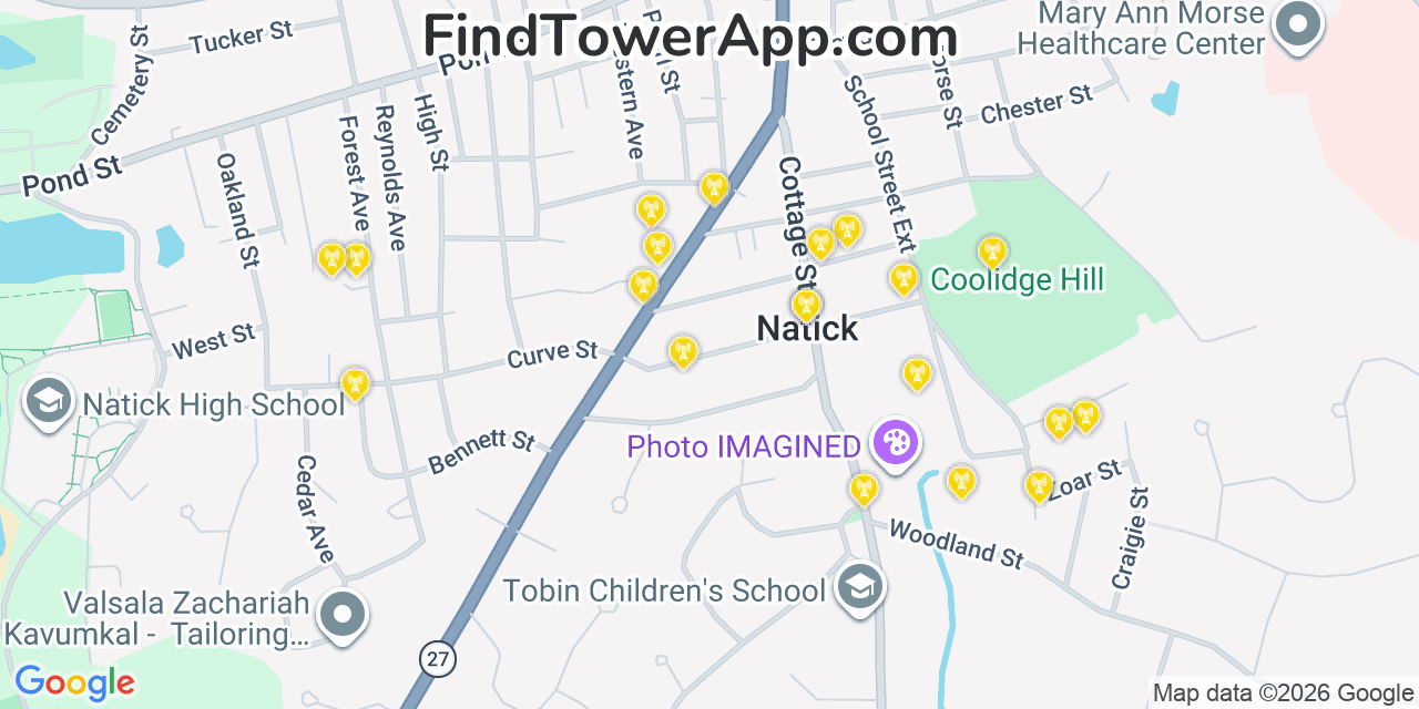 Map showing the 20 primary cell tower locations detected in Natick, Massachusetts from AT&T, Verizon, and T-Mobile networks