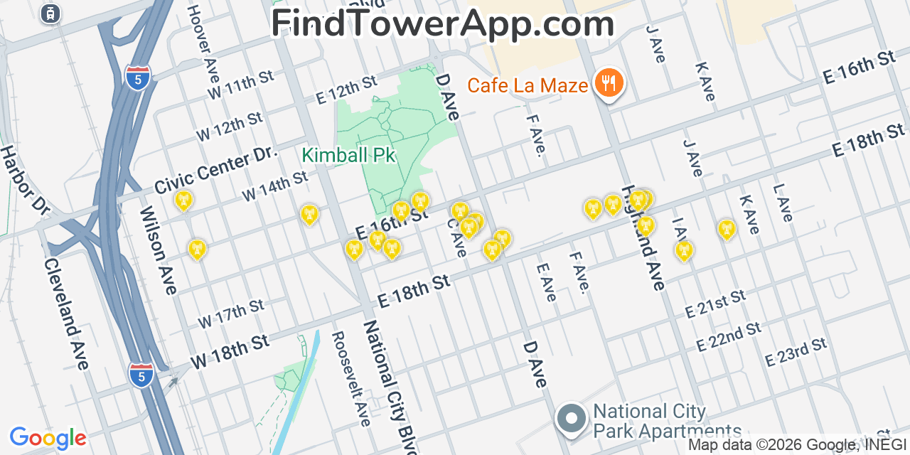Map showing the 20 primary cell tower locations detected in National City, California from AT&T, Verizon, and T-Mobile networks