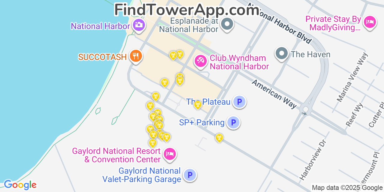 Map showing the 20 primary cell tower locations detected in National Harbor, Maryland from AT&T, Verizon, and T-Mobile networks