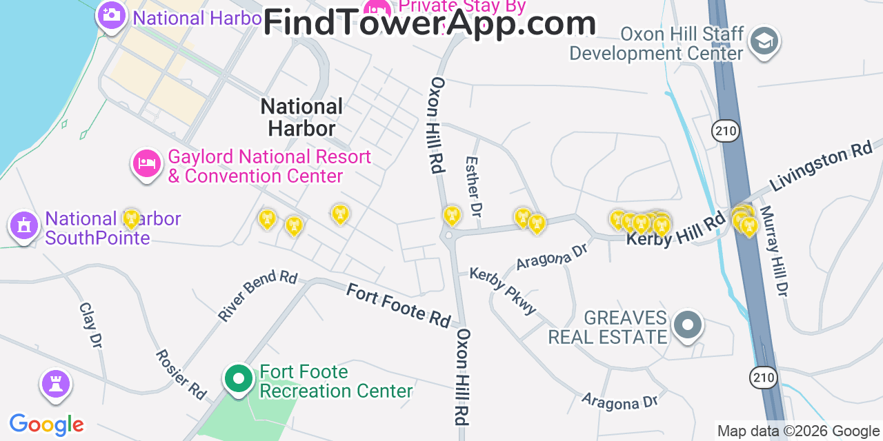 Map showing the 20 primary cell tower locations detected in National Harbor, Maryland from AT&T, Verizon, and T-Mobile networks