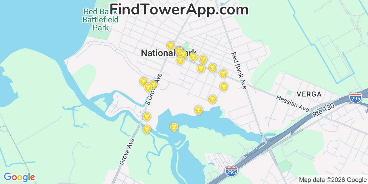 Map showing the 20 primary cell tower locations detected in National Park, New Jersey from AT&T, Verizon, and T-Mobile networks