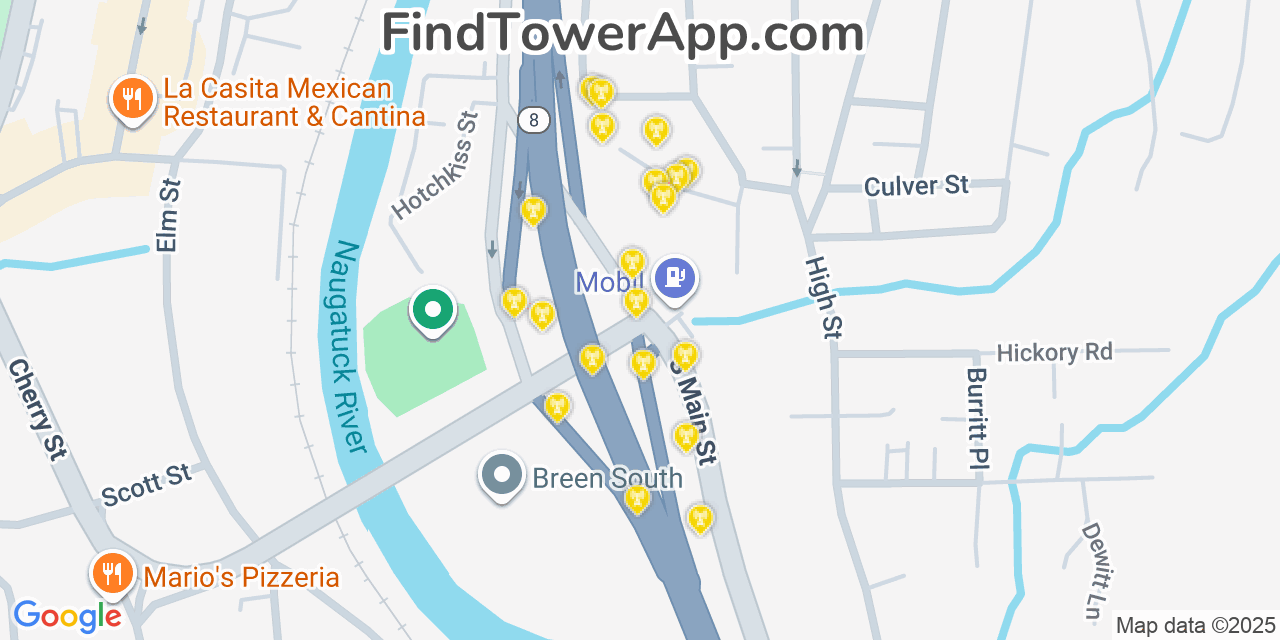 Map showing the 20 primary cell tower locations detected in Naugatuck, Connecticut from AT&T, Verizon, and T-Mobile networks