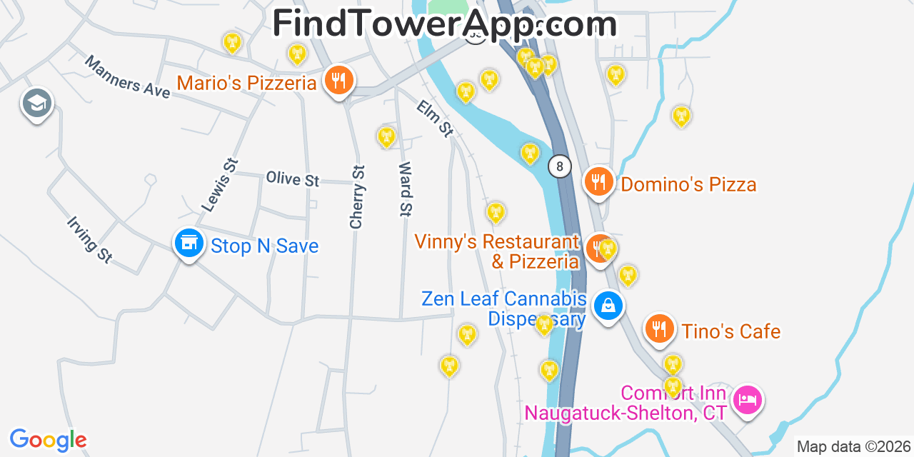 Map showing the 20 primary cell tower locations detected in Naugatuck, Connecticut from AT&T, Verizon, and T-Mobile networks