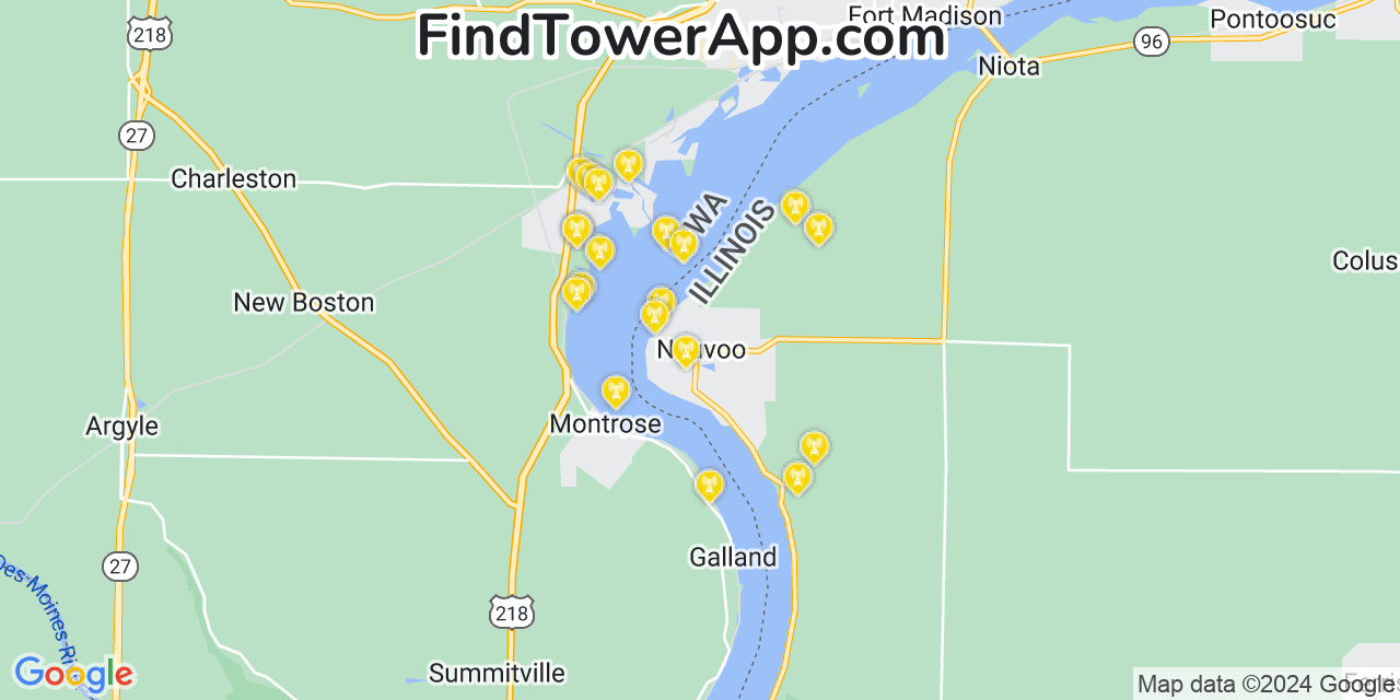 AT&T 4G/5G cell tower coverage map Nauvoo, Illinois