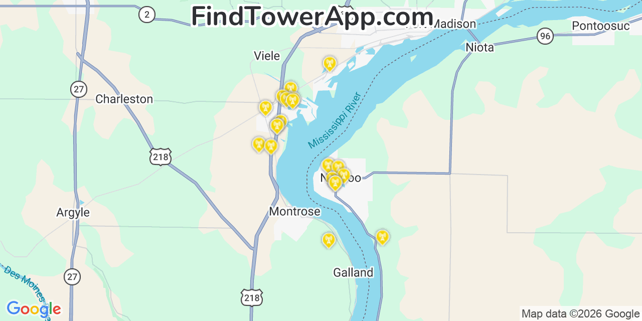 Map showing the 20 primary cell tower locations detected in Nauvoo, Illinois from AT&T, Verizon, and T-Mobile networks