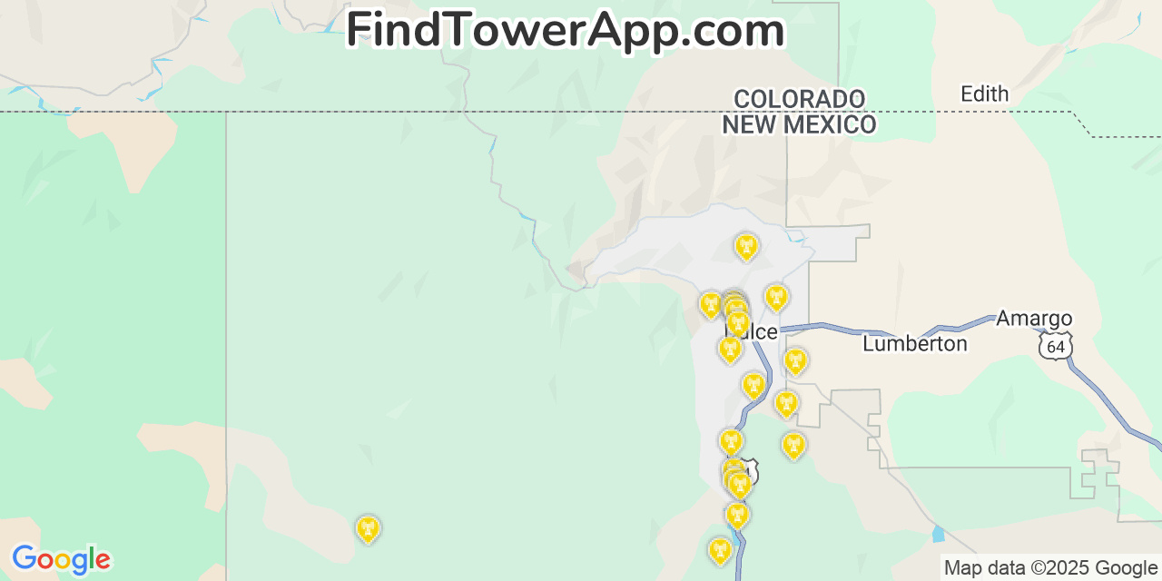 Map showing the 20 primary cell tower locations detected in Navajo, New Mexico from AT&T, Verizon, and T-Mobile networks