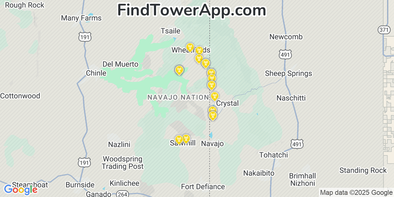 Map showing the 20 primary cell tower locations detected in Navajo, New Mexico from AT&T, Verizon, and T-Mobile networks