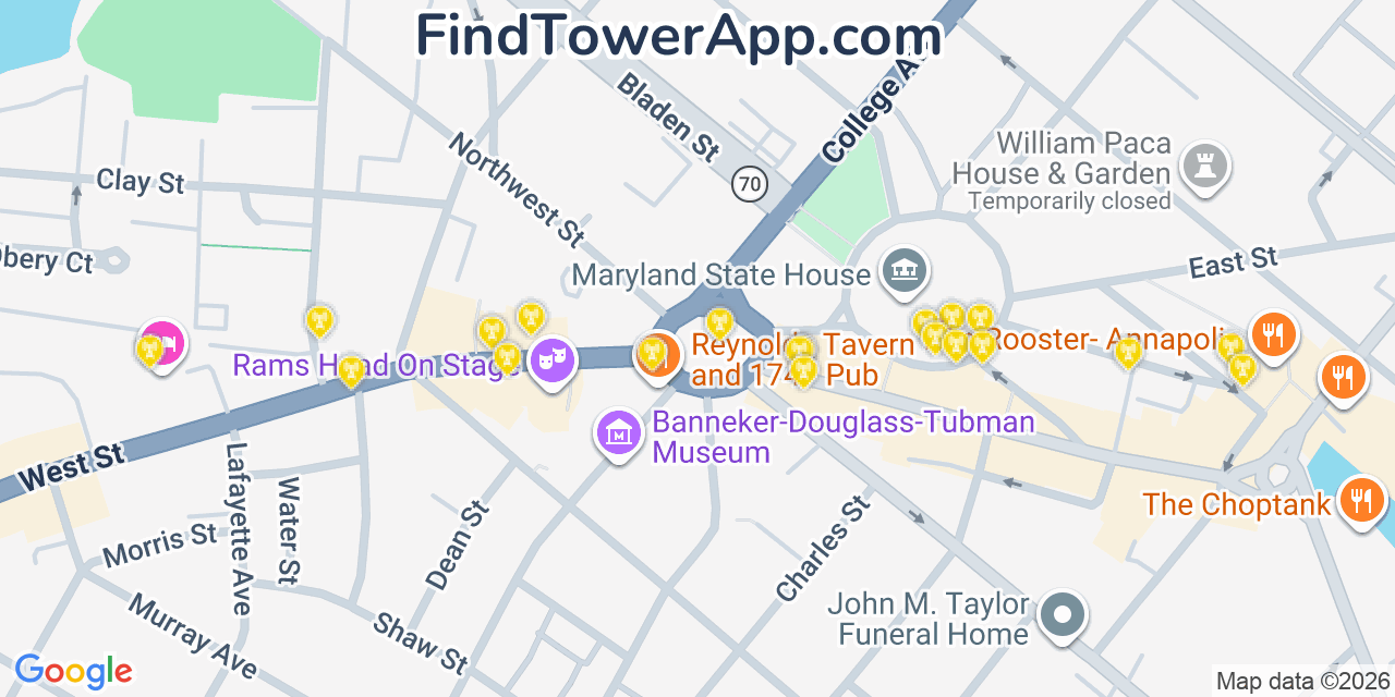 Map showing the 20 primary cell tower locations detected in Naval Academy, Maryland from AT&T, Verizon, and T-Mobile networks