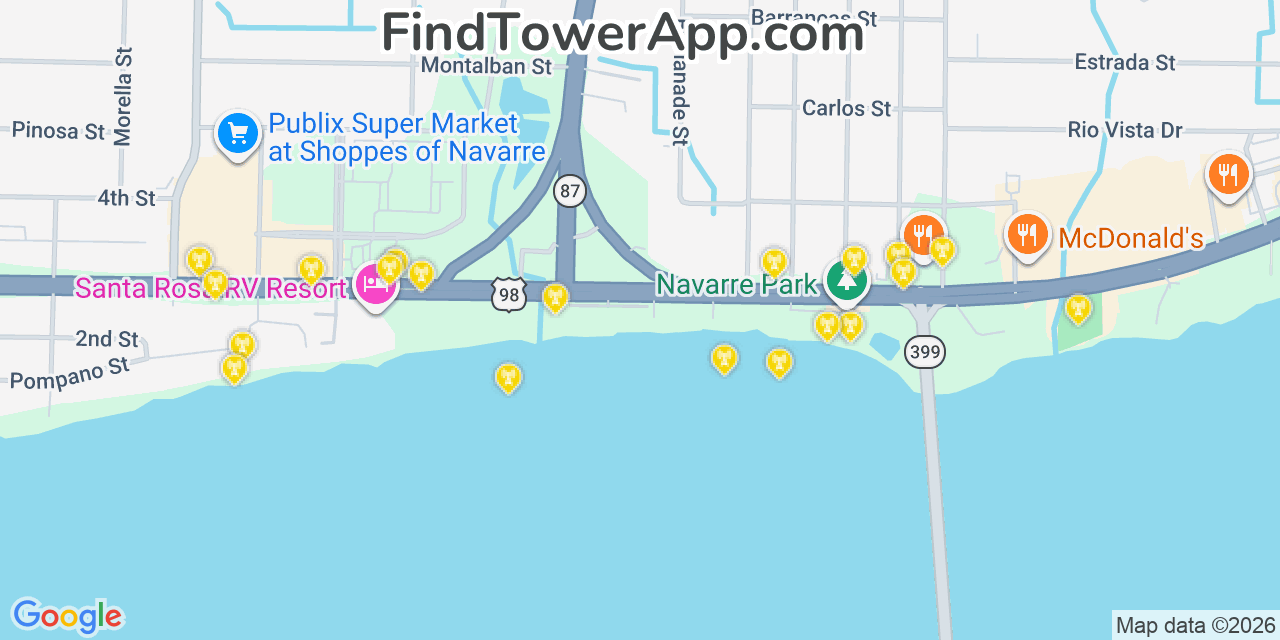 Map showing the 20 primary cell tower locations detected in Navarre, Florida from AT&T, Verizon, and T-Mobile networks