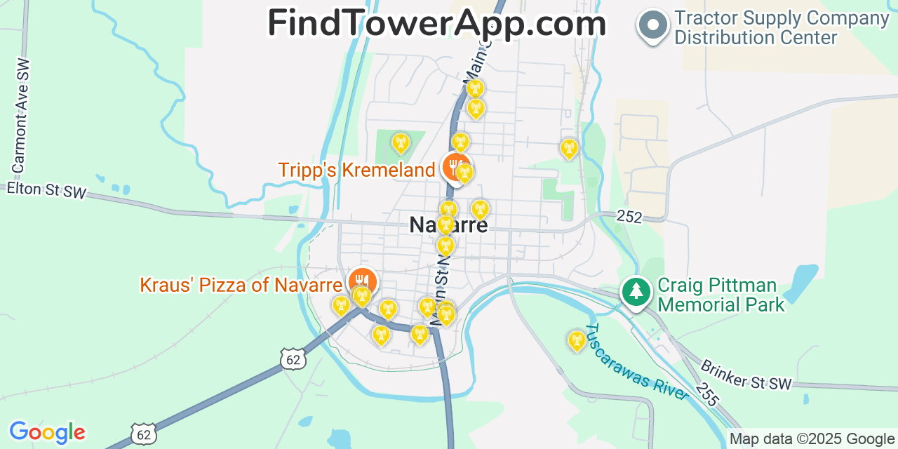 Map showing the 20 primary cell tower locations detected in Navarre, Ohio from AT&T, Verizon, and T-Mobile networks