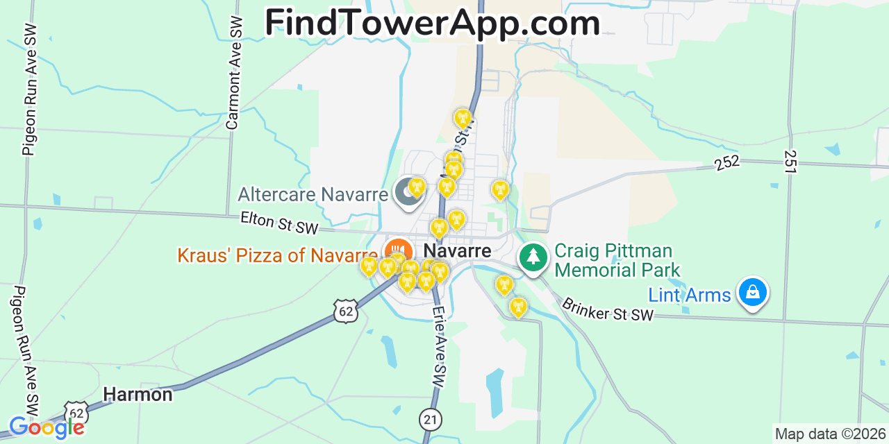 Map showing the 20 primary cell tower locations detected in Navarre, Ohio from AT&T, Verizon, and T-Mobile networks