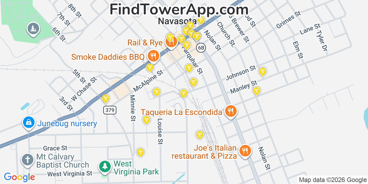 Map showing the 20 primary cell tower locations detected in Navasota, Texas from AT&T, Verizon, and T-Mobile networks