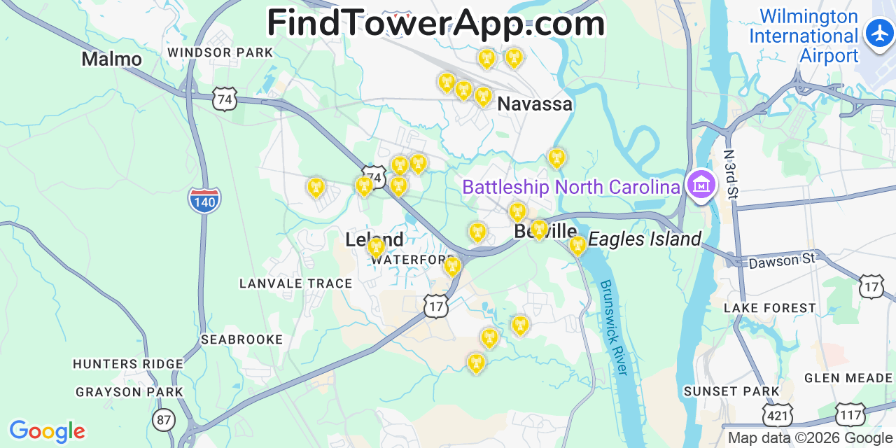 Map showing the 20 primary cell tower locations detected in Navassa, North Carolina from AT&T, Verizon, and T-Mobile networks