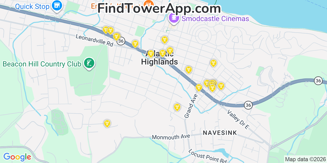 Map showing the 20 primary cell tower locations detected in Navesink, New Jersey from AT&T, Verizon, and T-Mobile networks