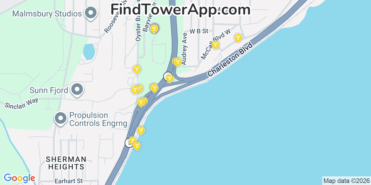 Map showing the 20 primary cell tower locations detected in Navy Yard City, Washington from AT&T, Verizon, and T-Mobile networks