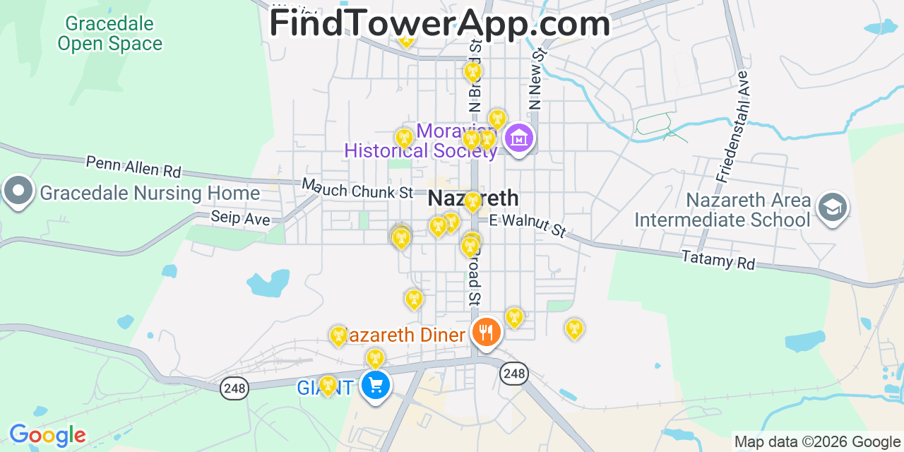 Map showing the 20 primary cell tower locations detected in Nazareth, Pennsylvania from AT&T, Verizon, and T-Mobile networks