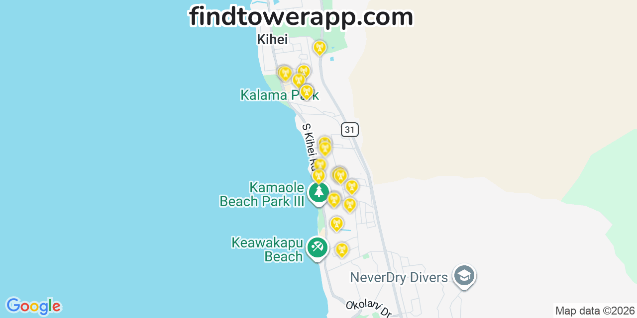 Map showing the 20 primary T-Mobile cell tower locations detected in Nдғnдғkuli, Hawaii with coverage radius and signal strength indicators